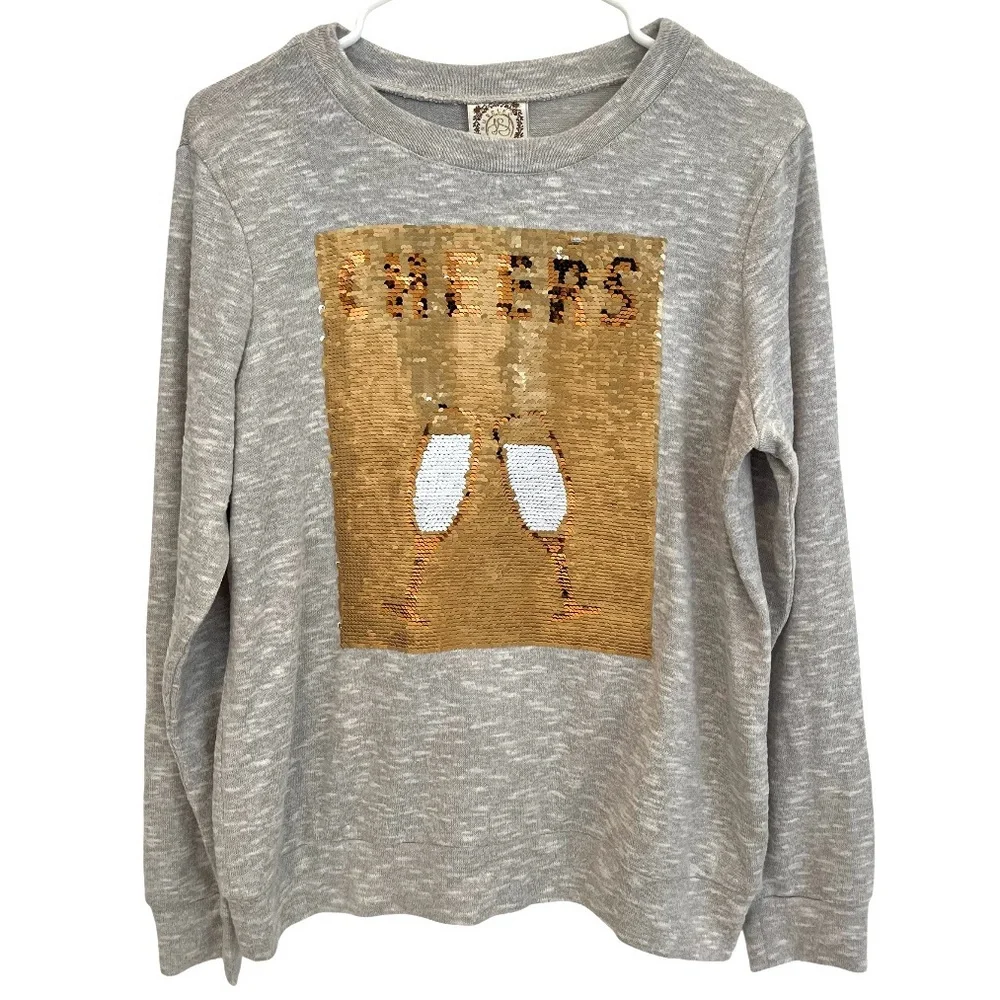 Tru Self Truself Womens M Cheers Flip Sequin Sweatshirt Top Gray New Years - Picture 2 of 7